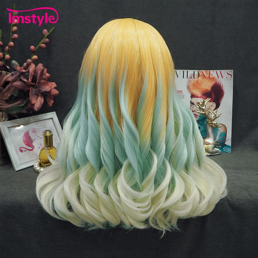 Imstyle Tinsel Wig Yellow Blue Synthetic Lace Front Wig Multicolor Ombre Wig Gorgeous Hair Party Wigs For Women