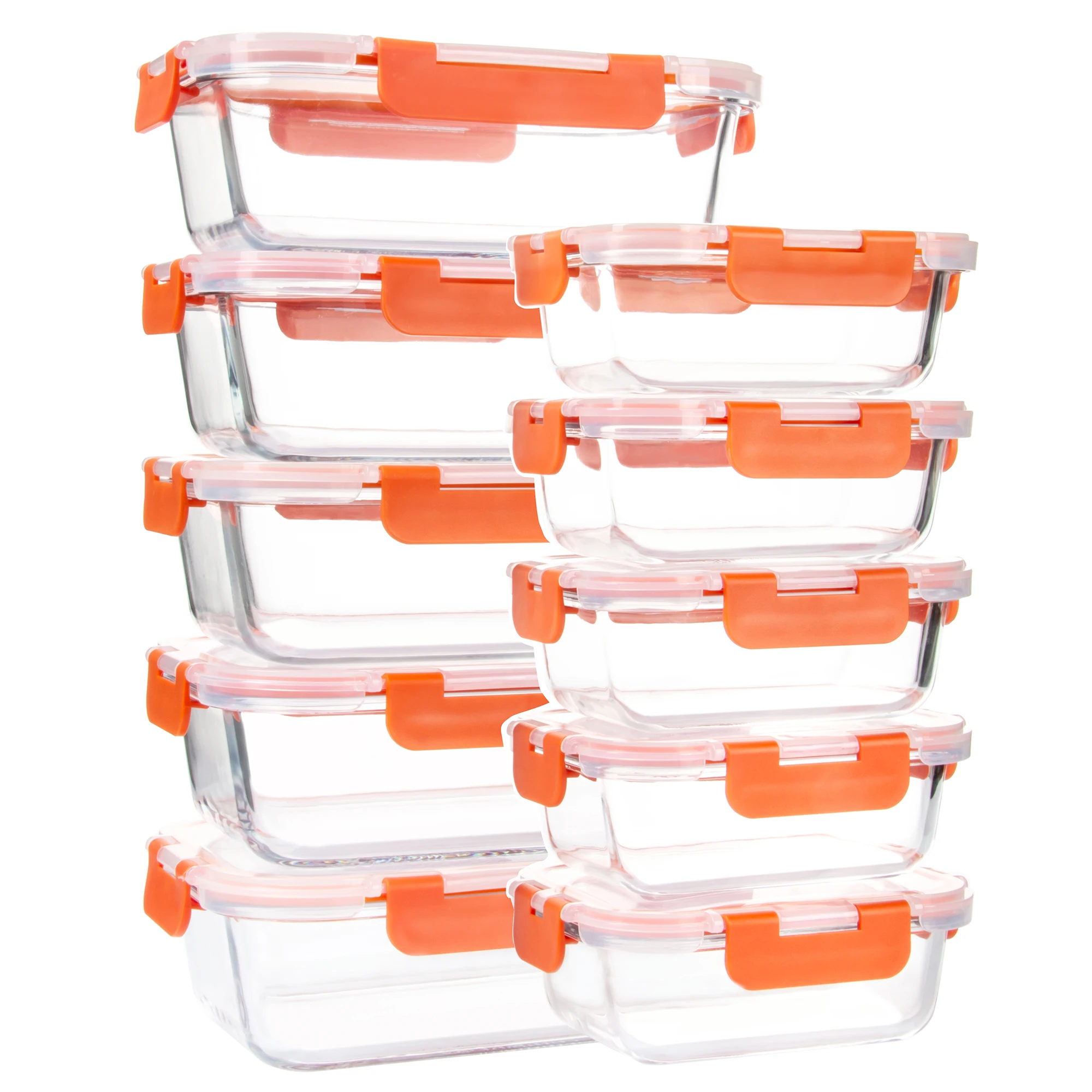 10 Pack Orange Food Storage Container Set, Glass Meal Prep Containers with Lids, Microwave, Freezer and Dishwasher