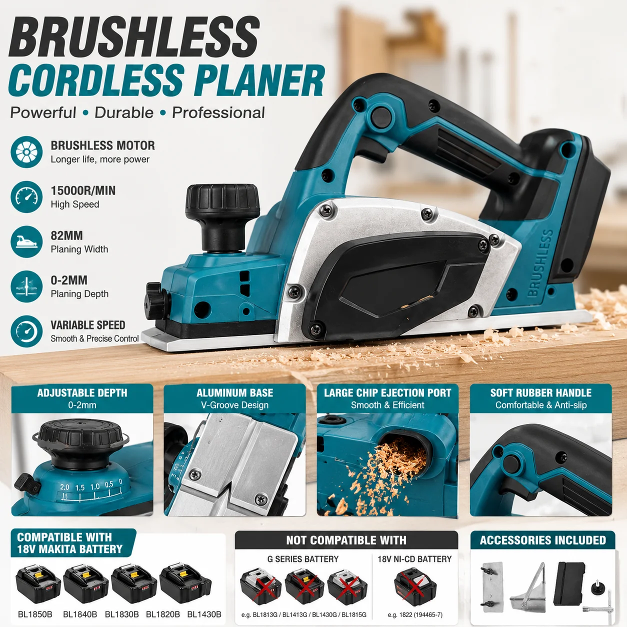 Akku-Elektrohobel 1200W Bürstenloser Holzhobel 82mm, 0-2mm Einstellbare Tiefe 15000RPM, Spänebläser für Makita 18V Akku