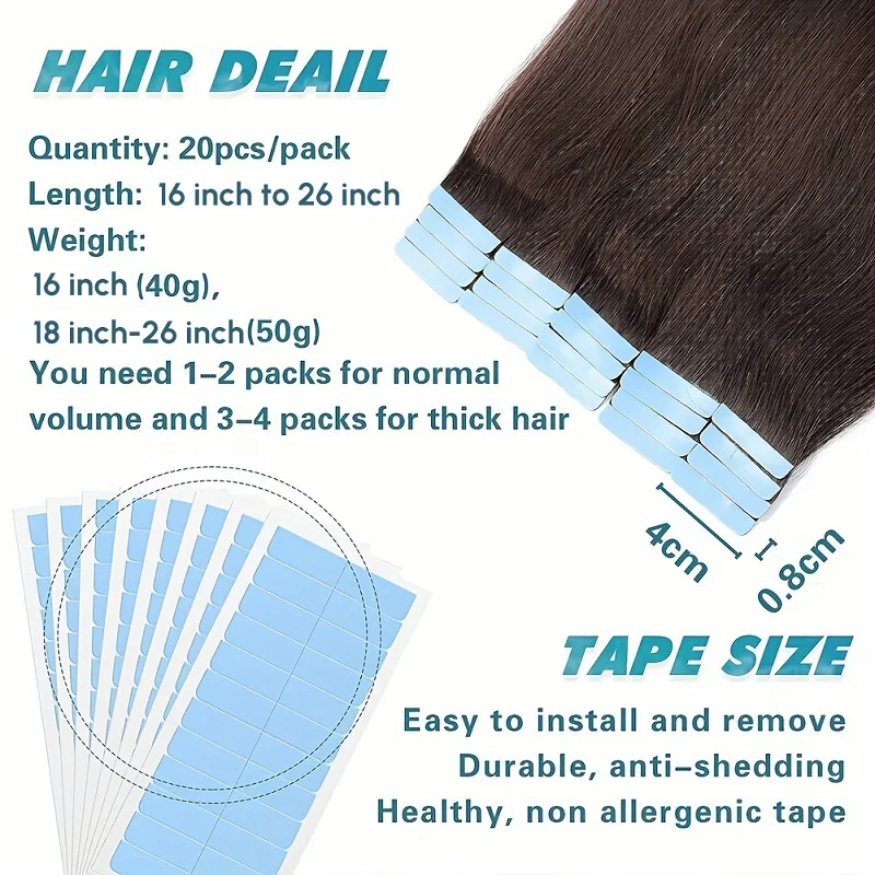 Remy Tape em extensões de cabelo, cabelo humano, pele reta, sem costura, invisível, trama, marrom escuro, #2, 20pcs, 50g por pacote