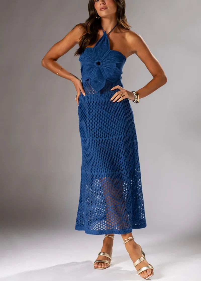 المرأة مثير الرسن الرقبة عارية الذراعين فستان طويل متماسكة ملابس السباحة الشاطئ الجوف خارج الكروشيه بيكيني التستر ملابس الصيف