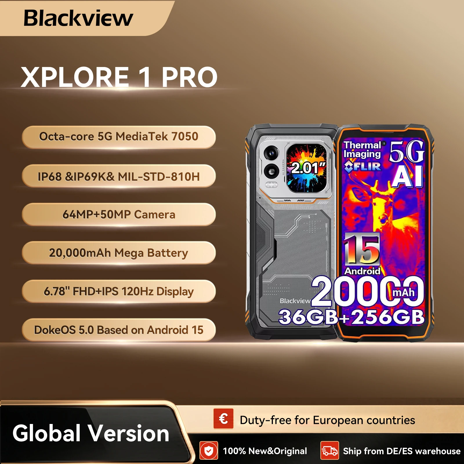Blackview XPLORE 1 Pro 5G : Téléphone robuste avec imagerie thermique, écran principal 6,78 pouces 120 Hz et écran secondaire 2,01 pouces, batterie 20000 mAh et lampe torche 170 lm