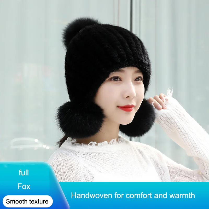 100% Real Mink Fur Hat Women Winter Knitted Beanie Russian Girls Cap With Fox Fur Pom Poms Thick Female Cap Elastic Hats