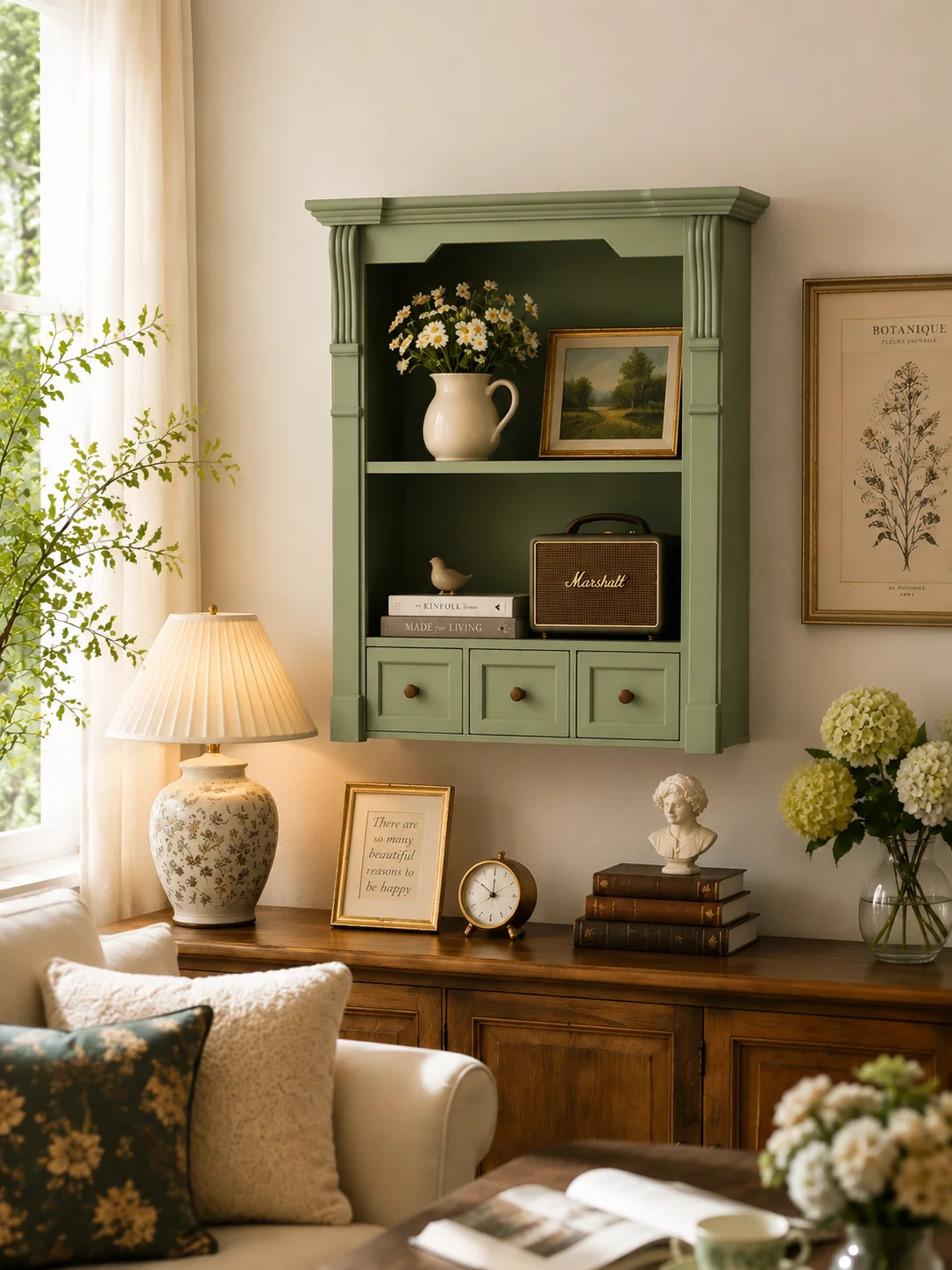 Vintage French Wall Cabinet Mint Green Hanging Storage Shelf with 3 Drawers Rustic Farmhouse Display