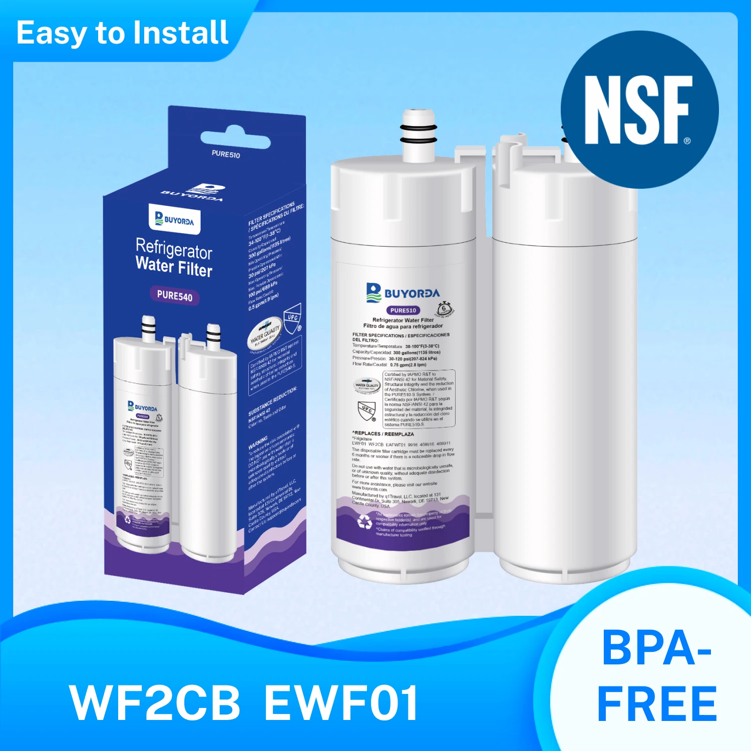 WF2CB Wasserfilter-Ersatz für Frigidaire-Electrolux EWF01 EAFWF01 EWF2CBPA, passend für Kenmore 9916 469916 469911 Pro Odor Control