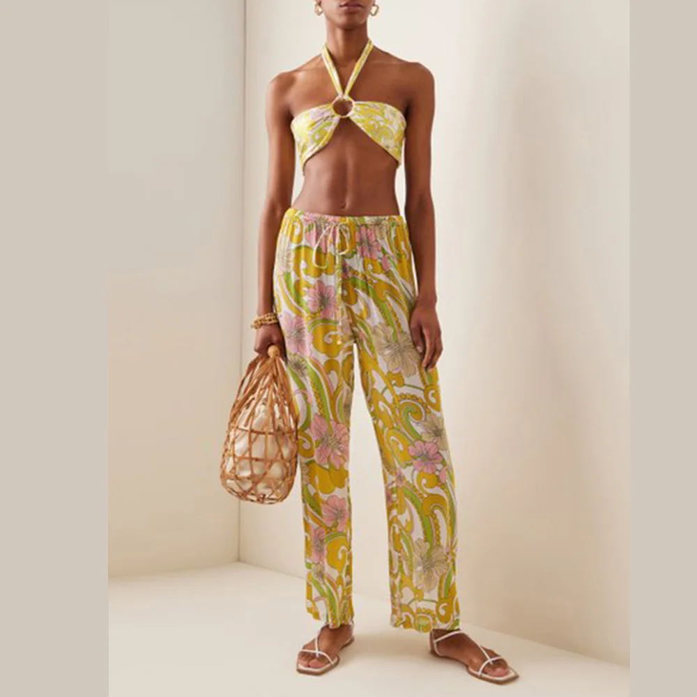 Yellow Printed Patchwork Swimsuit Women Three-Piece Swimwear High Waist Slim Fit  Strap Bikini Sexy Fashion Beachwear Backless