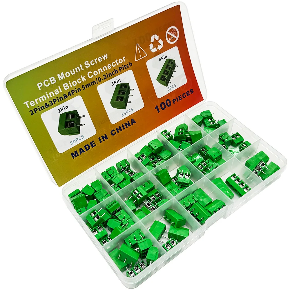 100PCS PCB Mount Screw Termianal Biock Connector Kit KF301-2P 3P 4P PCB Kit terminal 5.08MM post splicing plug-in PCB Kit