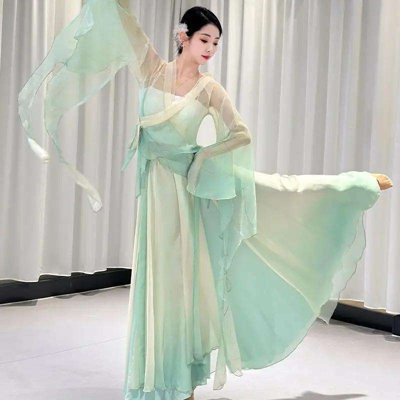 Chinese Style Folk Dance Dress Women Classical Dancer Performance Costumes Elegant Practice Clothes Green Chinese Dance Costume