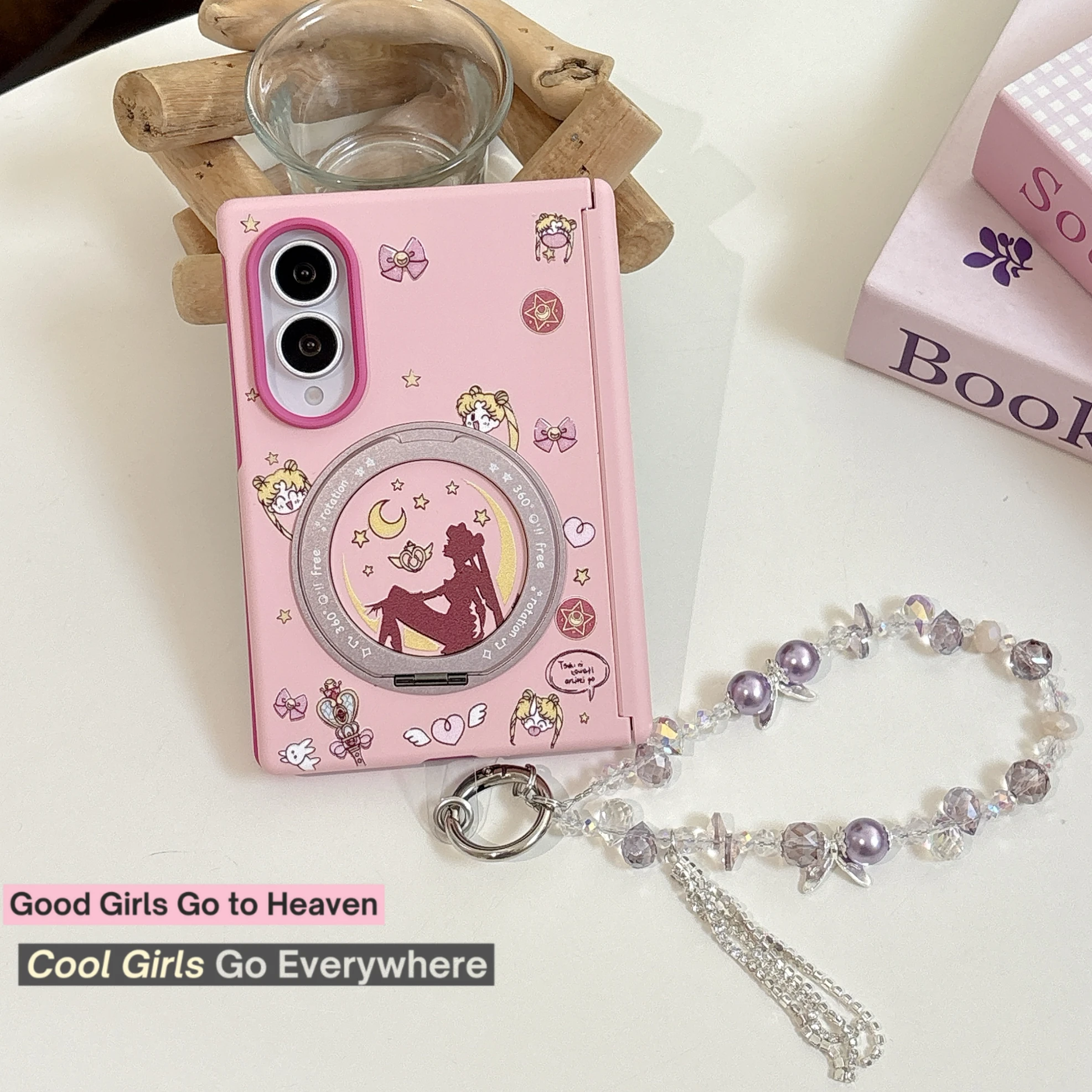 Cute Cartoon Girl Magic Wand Magnetic Phone case for Samsung Galaxy Z Fold 8 fold 8  Cover With Magsafe Rotate Stand Chain Cover