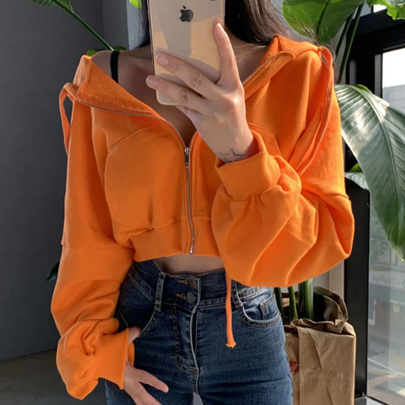 

Clothland Women Stylish Zipper Hooded Jacket Short Style Sweatshirt Orange Black Coats Summer Casual Crop Top Mujer CA327