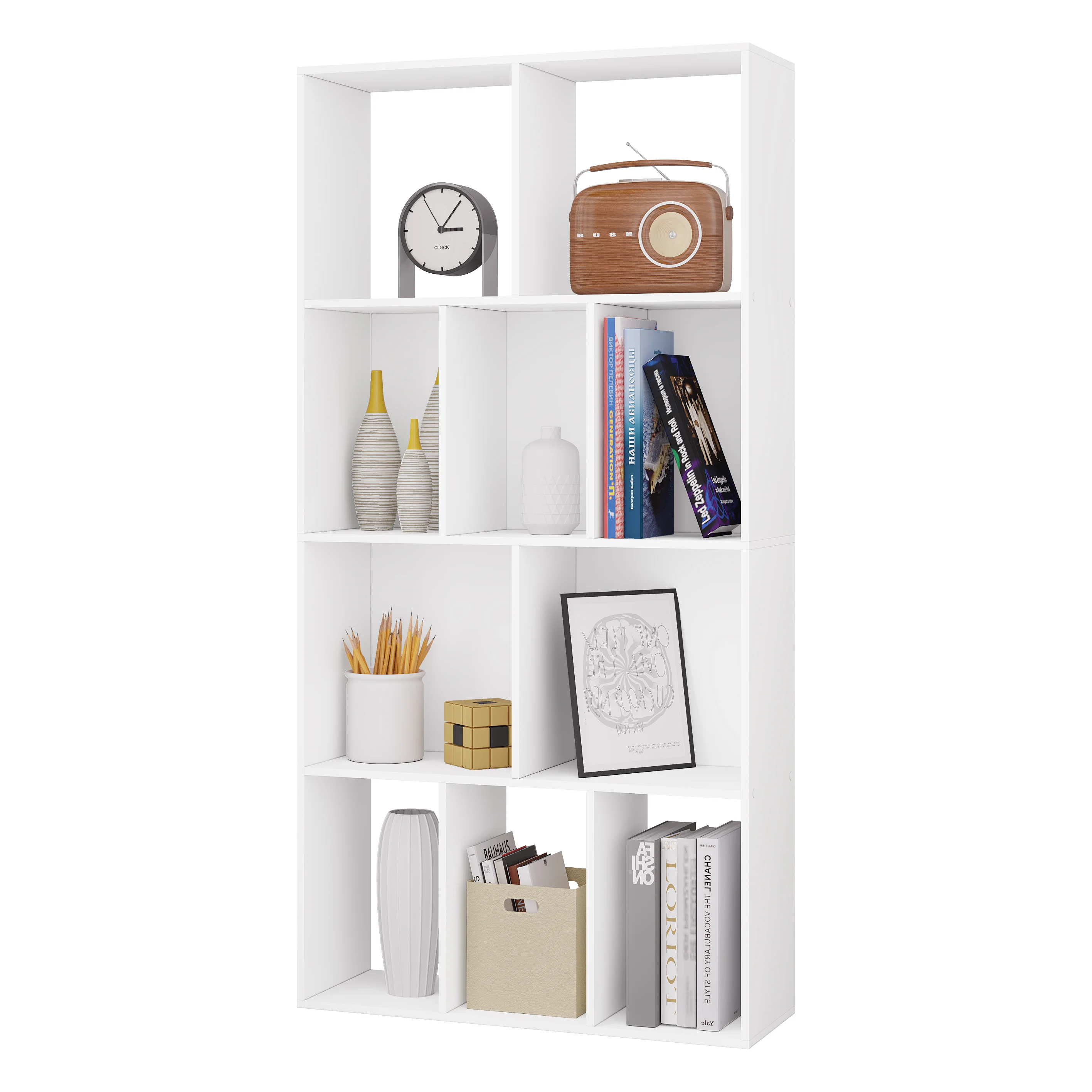 1PC White 4 Tier Bookcase Bookshelf Cabinet Storage Cube Cabinet with 10 Open Compartments for Book Display Living Room