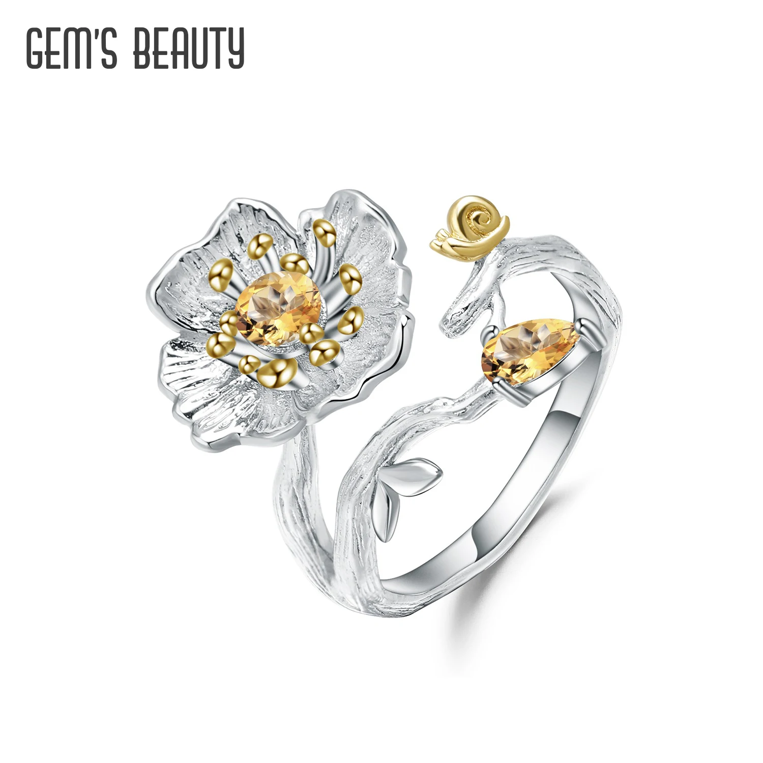 gems beleza 925 prata esterlina cocktail anel natural pedras preciosas anel de citrino flor design original joias finas para mulher 01