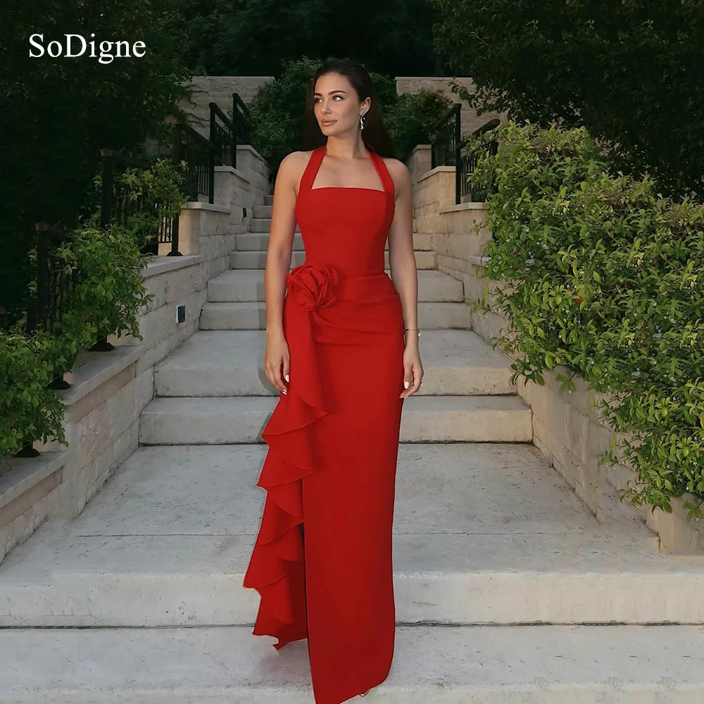 

SoDigne Elegant Red Halter Evening Dresses Mermaid Flowers Ruched Party Dress Pleats Side Slit Ball Gowns Customized
