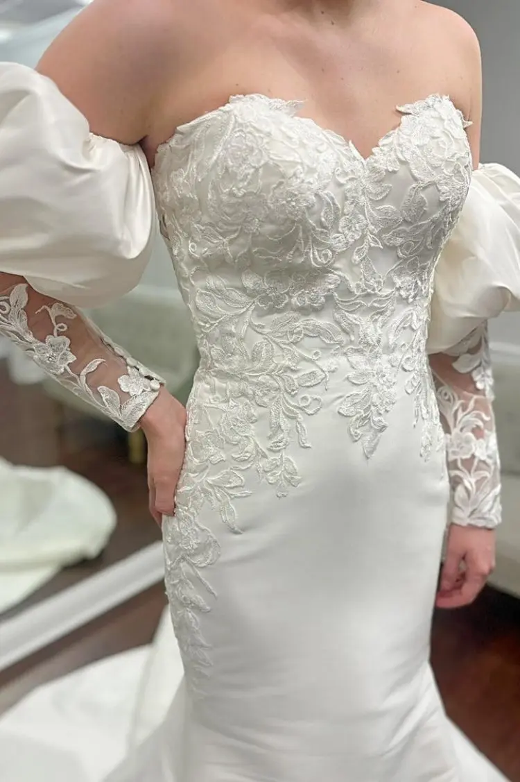 Vestido de novia de satén blanco con hombros descubiertos, elegante vestido de novia de sirena con mangas abullonadas desmontables, vestido de novia de tren de barrido