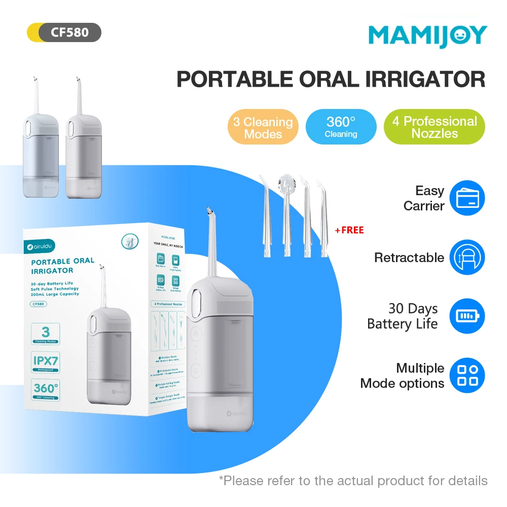 

MAMIJOY CF580 2025 New Oral Irrigator Dental Water Flosser 3Modes 360°Rotating Nozzle 200ML IPX7 Waterproof Teeth Cleaner 800mAh