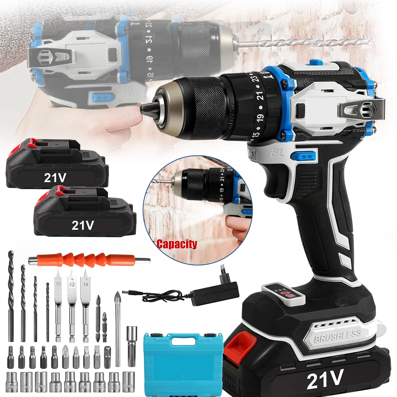 21V Brushless Cordless Drill Rechargeable Electric Screwdriver Lithium Battery 70Nm Household Multi-function 2 Speed Power Tools