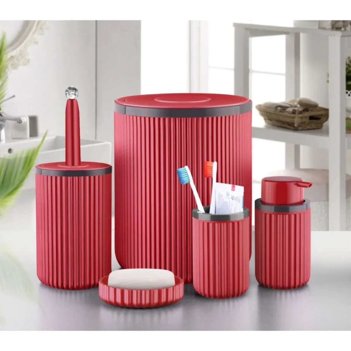 Garbage Bucket Toilet Brush Liquid Soap Dispenser Tooth Brush Holder Solid Soap Dish 5 Piece Set 5 Liter Red Bathroom Accessories Sets