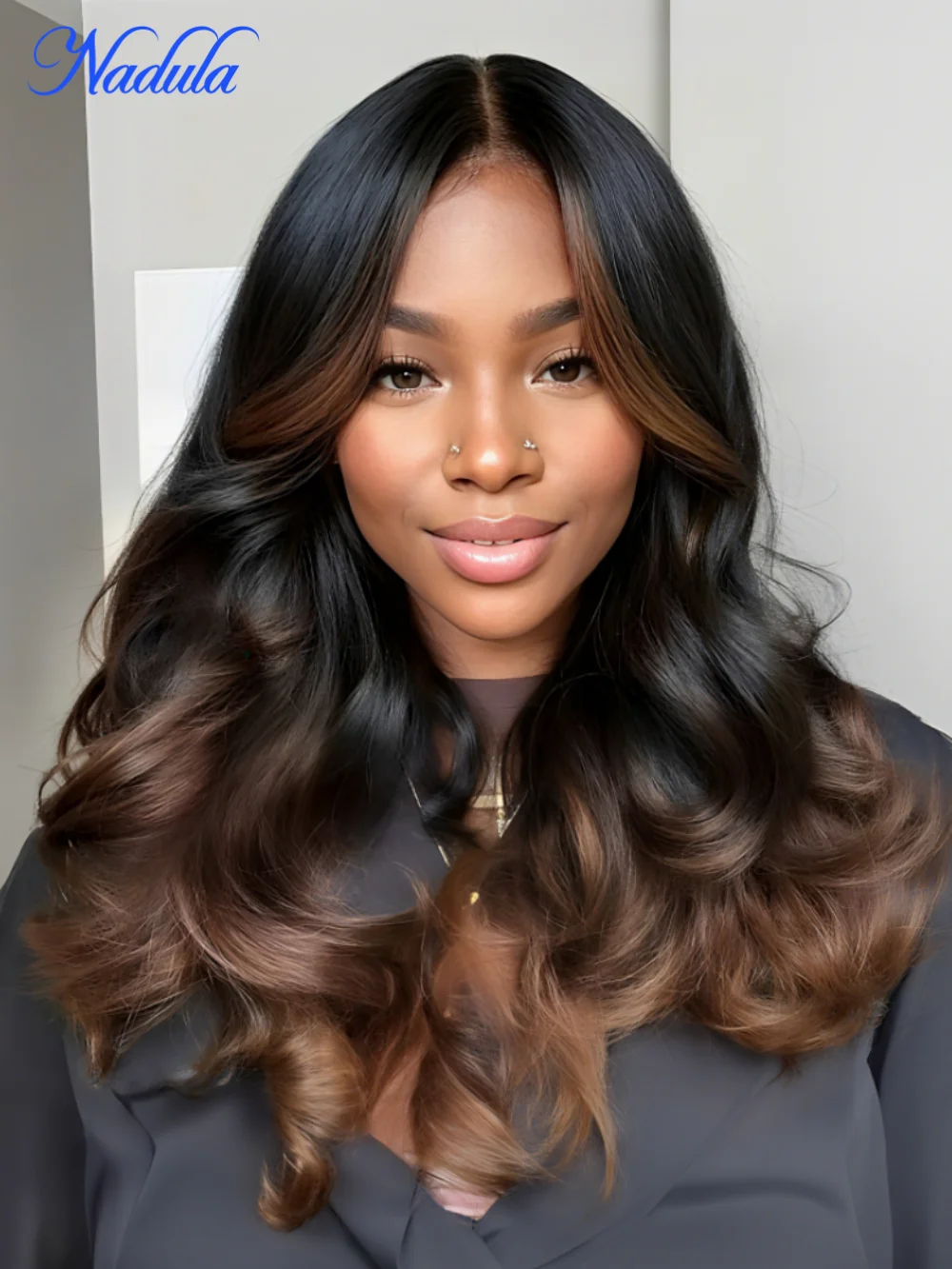 Nadula 13x4 Pre-everything Lace Frontal Chestnut Brown Ombre Loose Wave Drawstring Wig with Face Framing Layers Human Hair Wigs