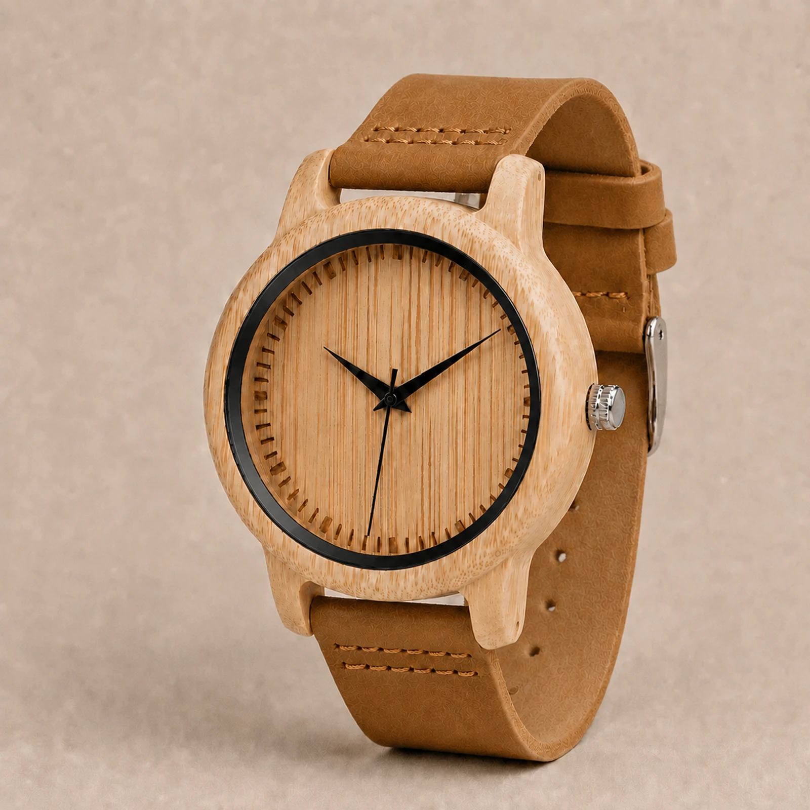BOBO BIRD Natural Bamboo Wooden Watch Quartz Lightweight Wristwatch Brown Leather Strap Minimalist Birthday Gift for Him Her