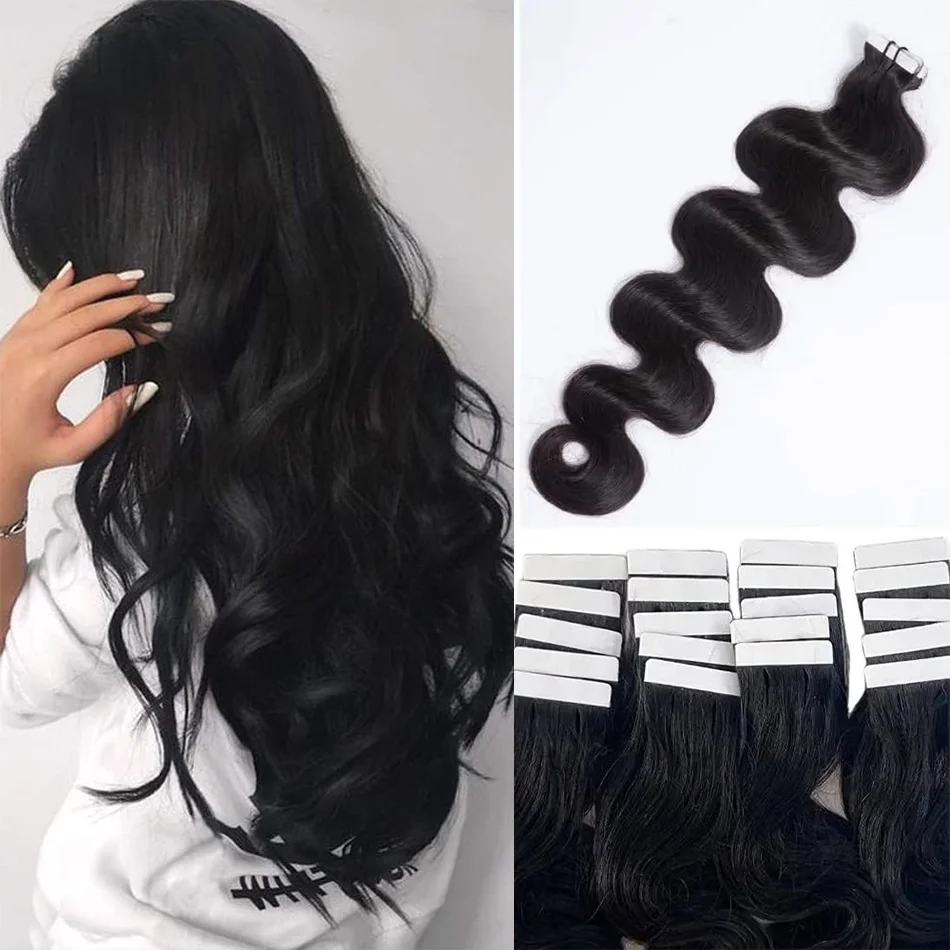 Extension de Cheveux Ondulés pour Femme, 100% Vrais Cheveux Humains, Bande Adhésive, Trame de Peau, Colle pour Salon