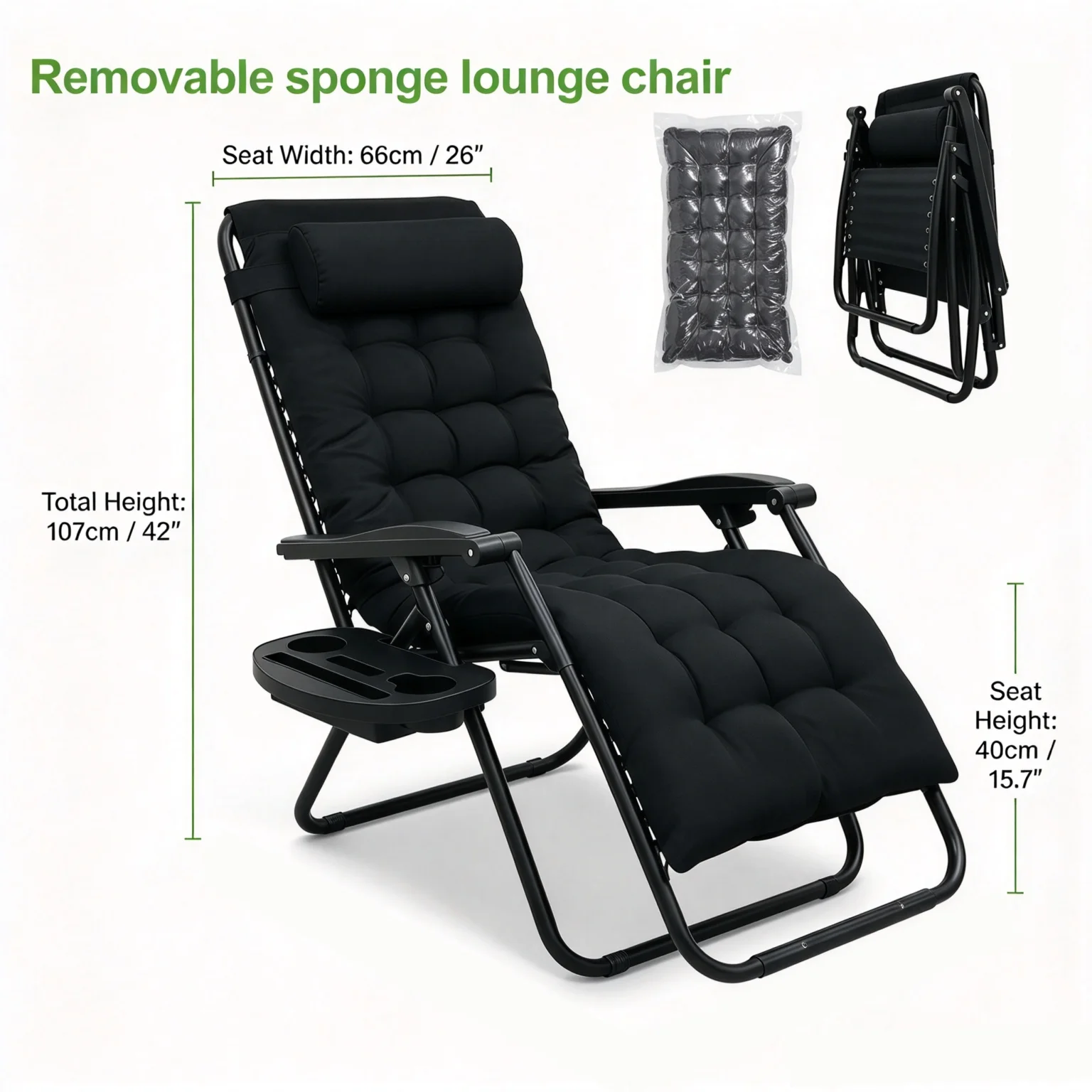 Sedia a Gravità Zero Pieghevole da Esterno con Cuscino Imbottito Rimovibile, Portabicchiere e Poggiatesta, Lettino Regolabile per Giardino, Patio, Piscina, Campeggio, Nero