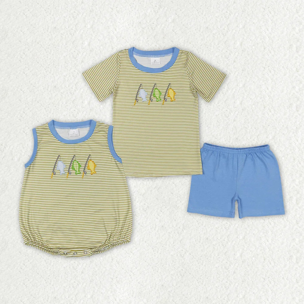 Summer Match Baby Boys Stripes Fishing Sibling Embroidery Summer Rompers Clothes Set Wholesale Boutique Fashion Children Clothes