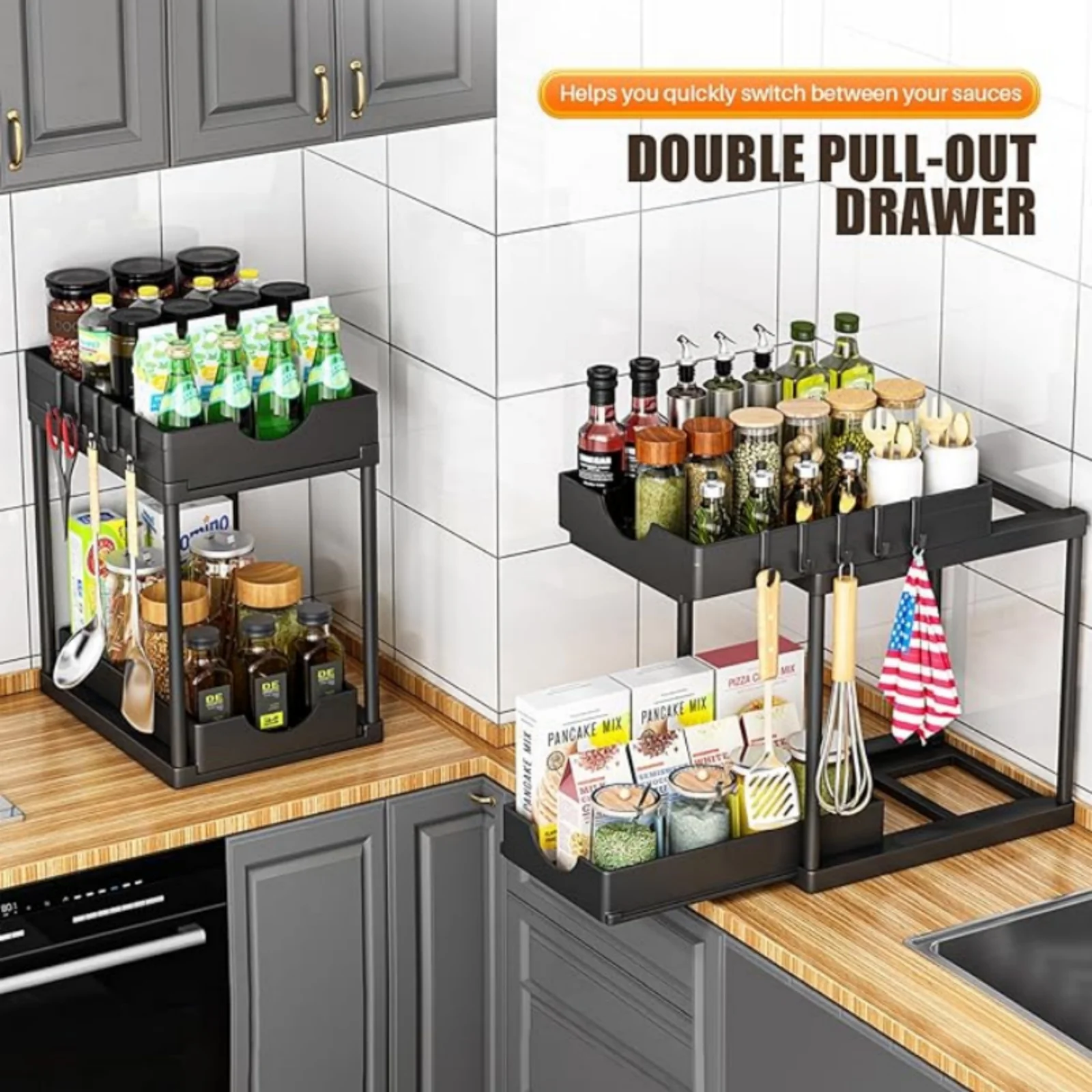 2 Tier Under Sink Organizer Sliding Cabinet Basket Organizer Drawer Under Sink Storage Rack with Hook Bathroom Kitchen Organizer