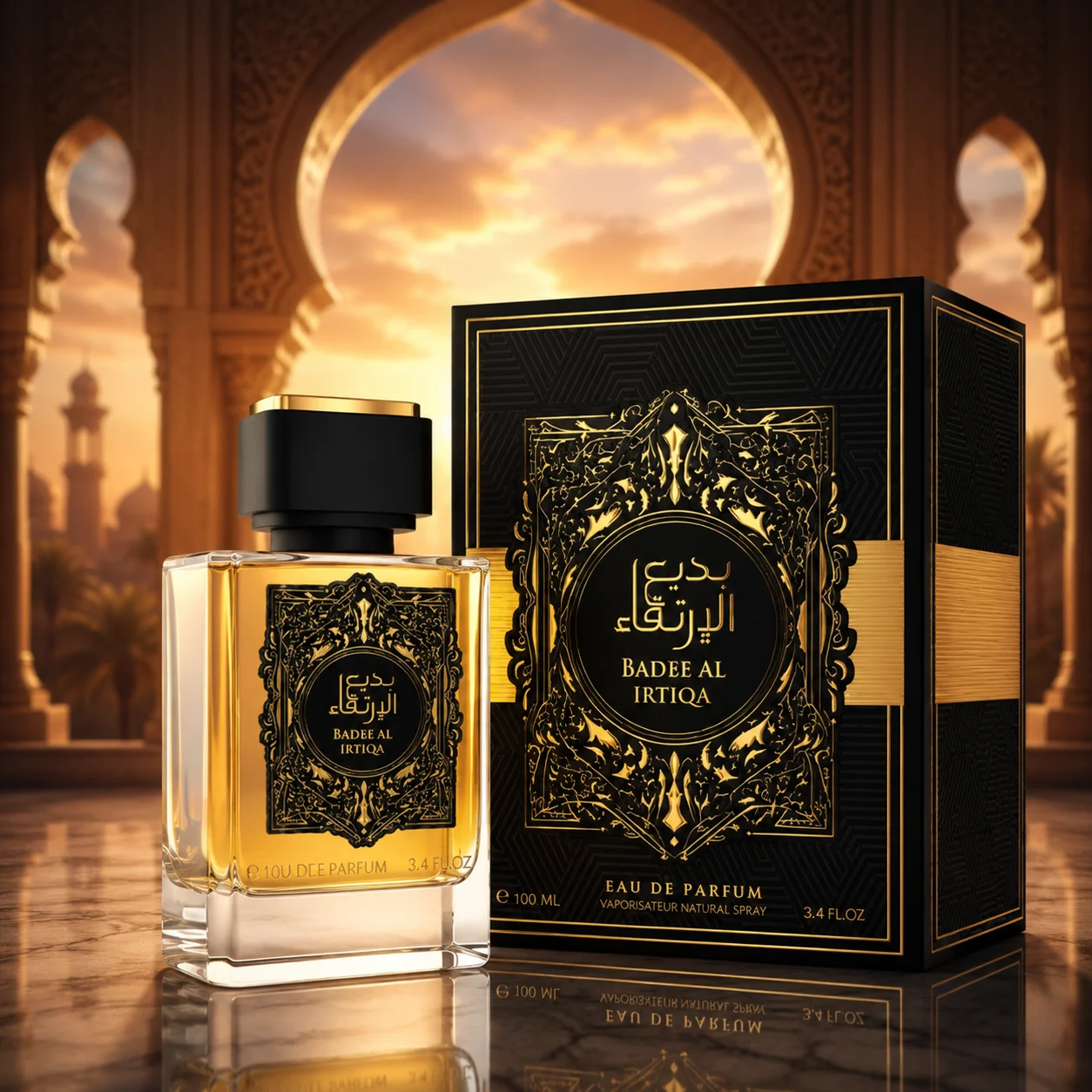 Parfum Badee Al Irtiqa, 100 ml. Parfum unisexe aux notes florales orientales et agrumes, avec un cœur floral composé de lys, de rose et de géranium, et une base boisée orientale chaleureuse d'ambre et de musc.