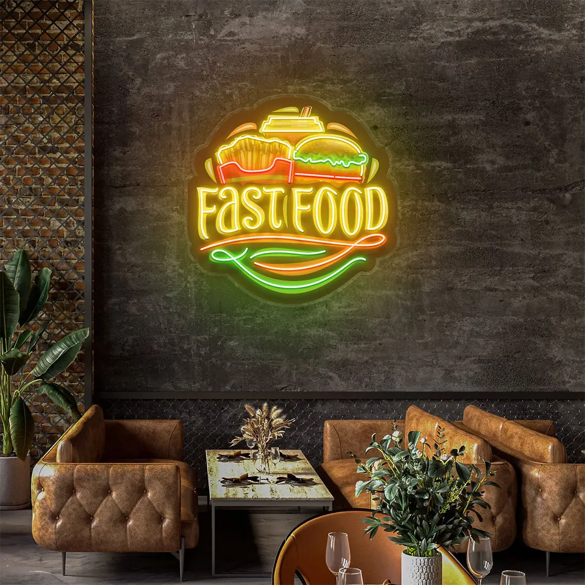 

Fast Food Neon Sign, Artwork Neon Sign, Hamburger Fries Food Restaurant Wall Decor, UV Print Art Sign, Hotel Living Room Neon