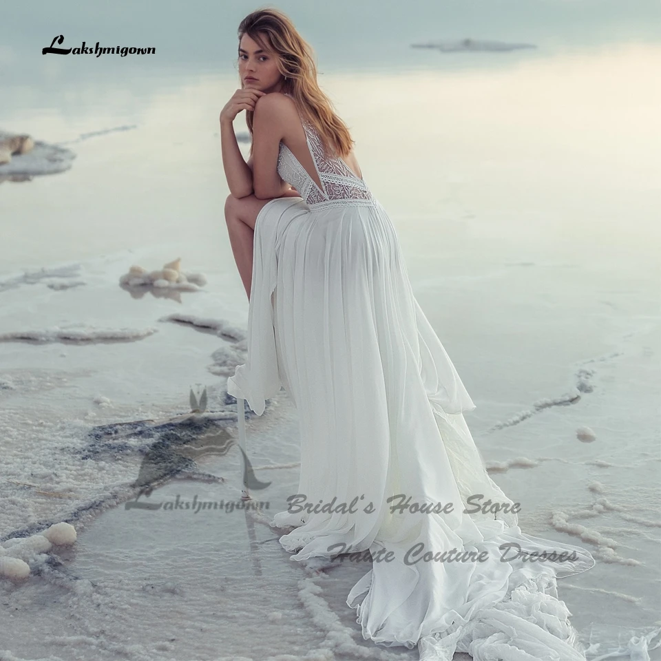 Lakshmigown Sexy Braut Boho Hochzeitskleid Strand Sommer 2026 Maßgeschneiderte Chiffon Lange Strand-Brautkleider V-Ausschnitt Spitze Rückenfrei – Detail 4