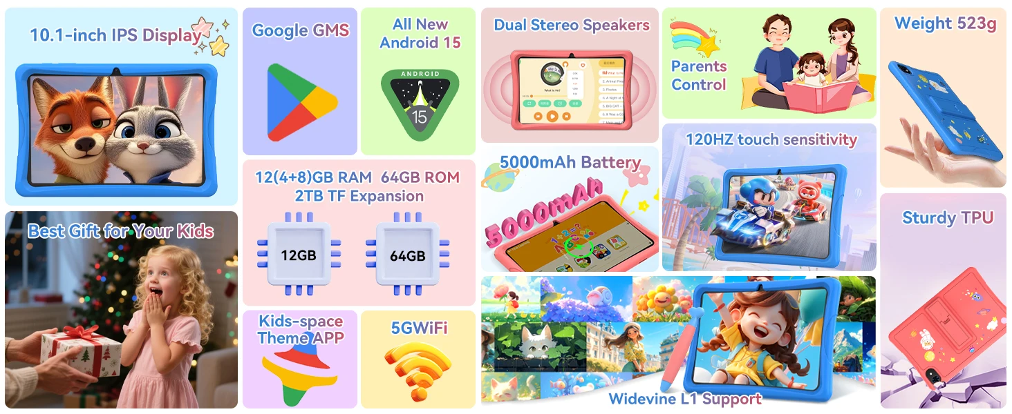 KINGRID K10 Kids Tablet 10'' Android 15 4GB RAM+8GB Expandable 64GB ROM 5G WiFi Widevine L1 5000mAh Kids Tablet PC Tablet Android Parental Control
