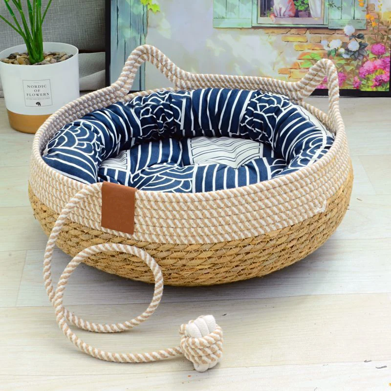 Summer Cat Bed Woven Removable Upholstery Sleeping House Cat Scratch Floor Rattan Wear-resistant Washable Cat Pet Supplies