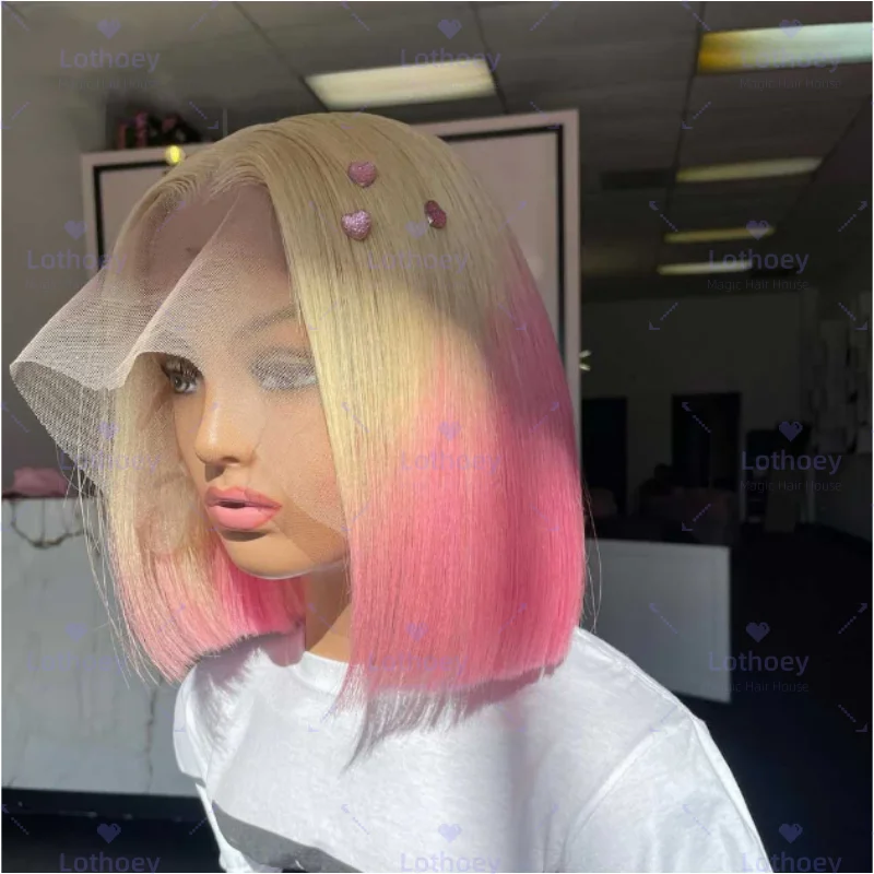 Ombre Pink Short Bob Wig Human Hair Straight Blue Lace Frontal Wig With Natural Hairline Pre Plucked Short Human Hair Wigs