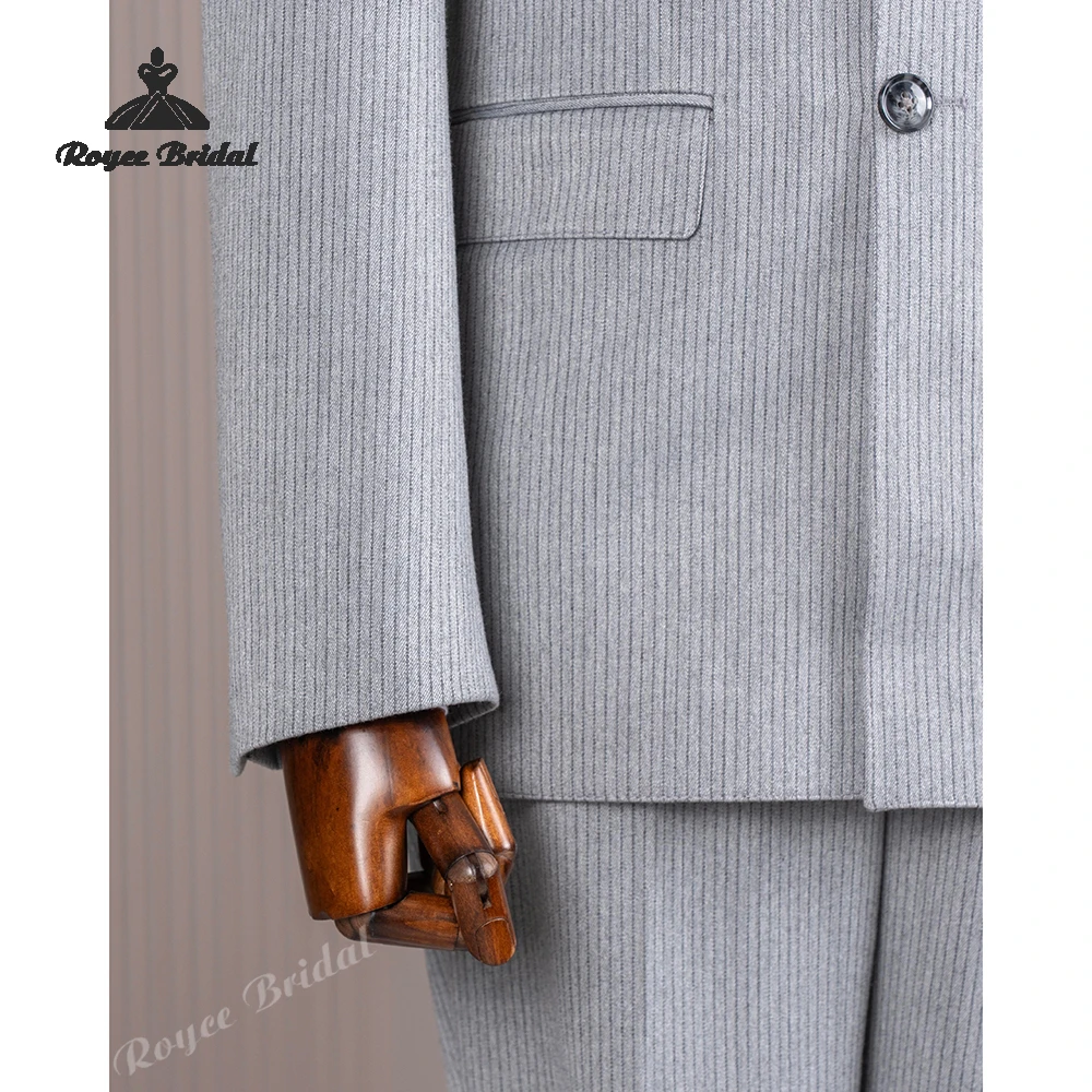 Abito da uomo a due pezzi con risvolto a punta a righe grigie Matrimonio 2026 Abito da sera doppio petto da sera Abiti personalizzati para hombre