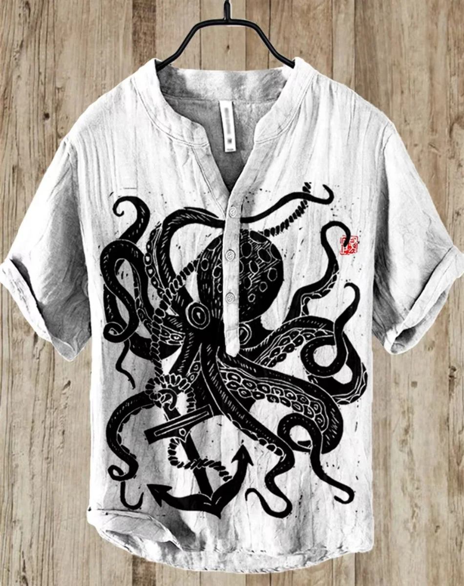 Henry Shirt - Nouvelle chemise décontractée à manches courtes pour hommes, hauts de tenue décontracté au quotidien, chemise imprimée poulpe, tailles S à 5XL expédition rapide