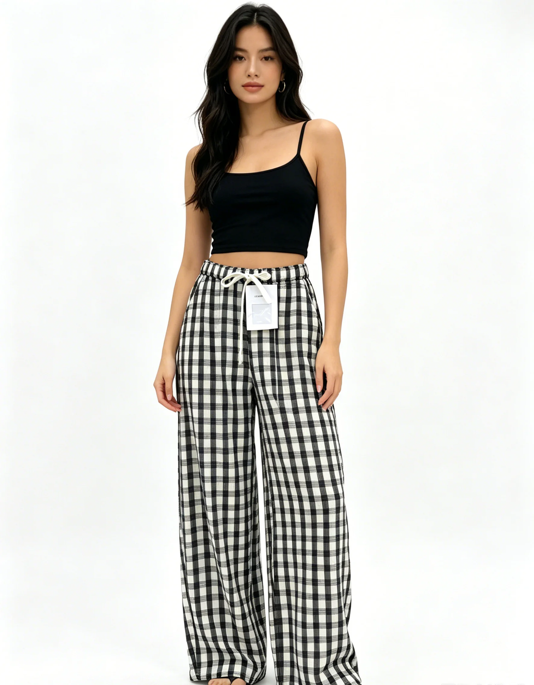 

26Ss Spring/Summer latest women's linen check wide-leg curved-leg pants LH067