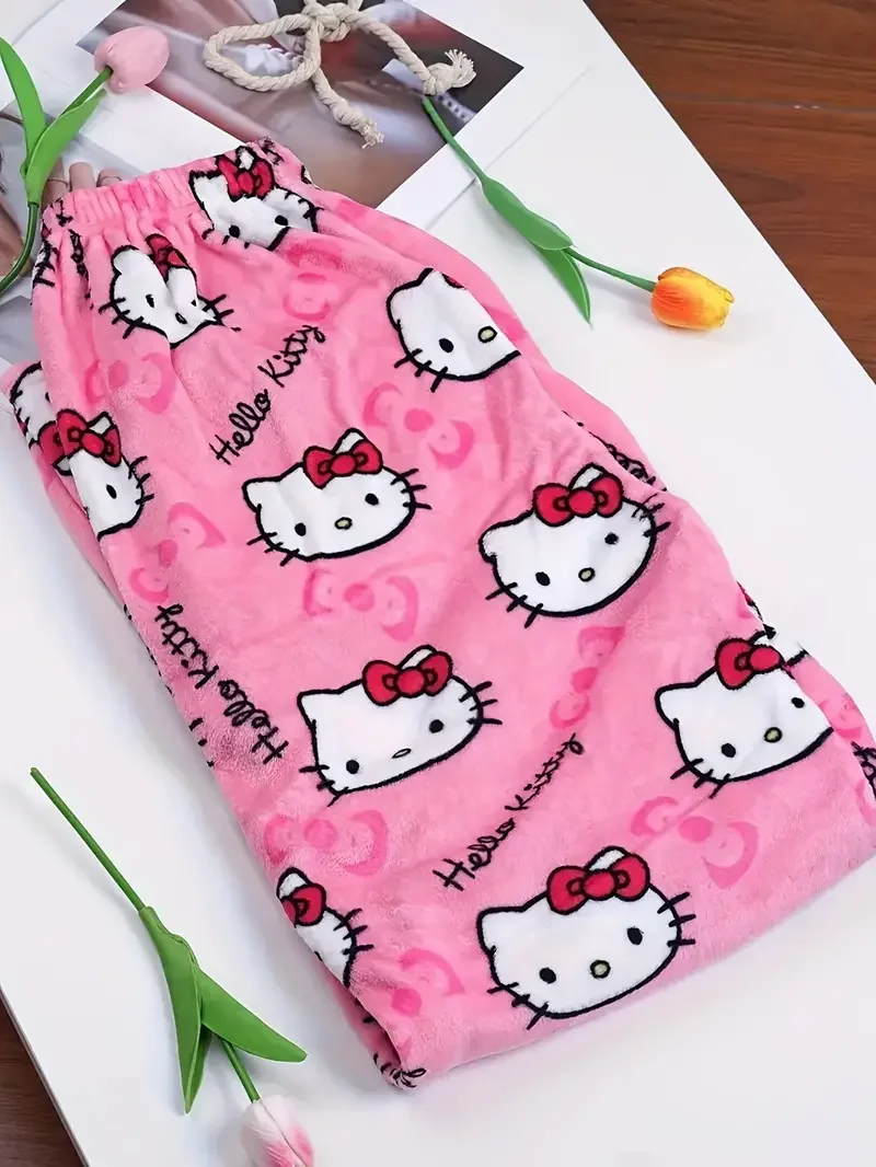 2024 Sanrio HelloKitty Pajamas Black Anime Flannel Women Warm Woolen Whitecartoon Casual Home Pants Autumn Fashion Trousers Gift