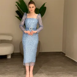 Customized Square Collar Shiny Beading Lace Evening Dress For Women Customized Tea Length Party Prom Gown With Belt فساتين سهرة