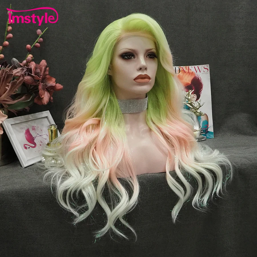 Imstyle Synthetic Lace Front Wig Tinsel Wig Ombre Green Pink Wig Long Wavy Wig For Party Drag Wig