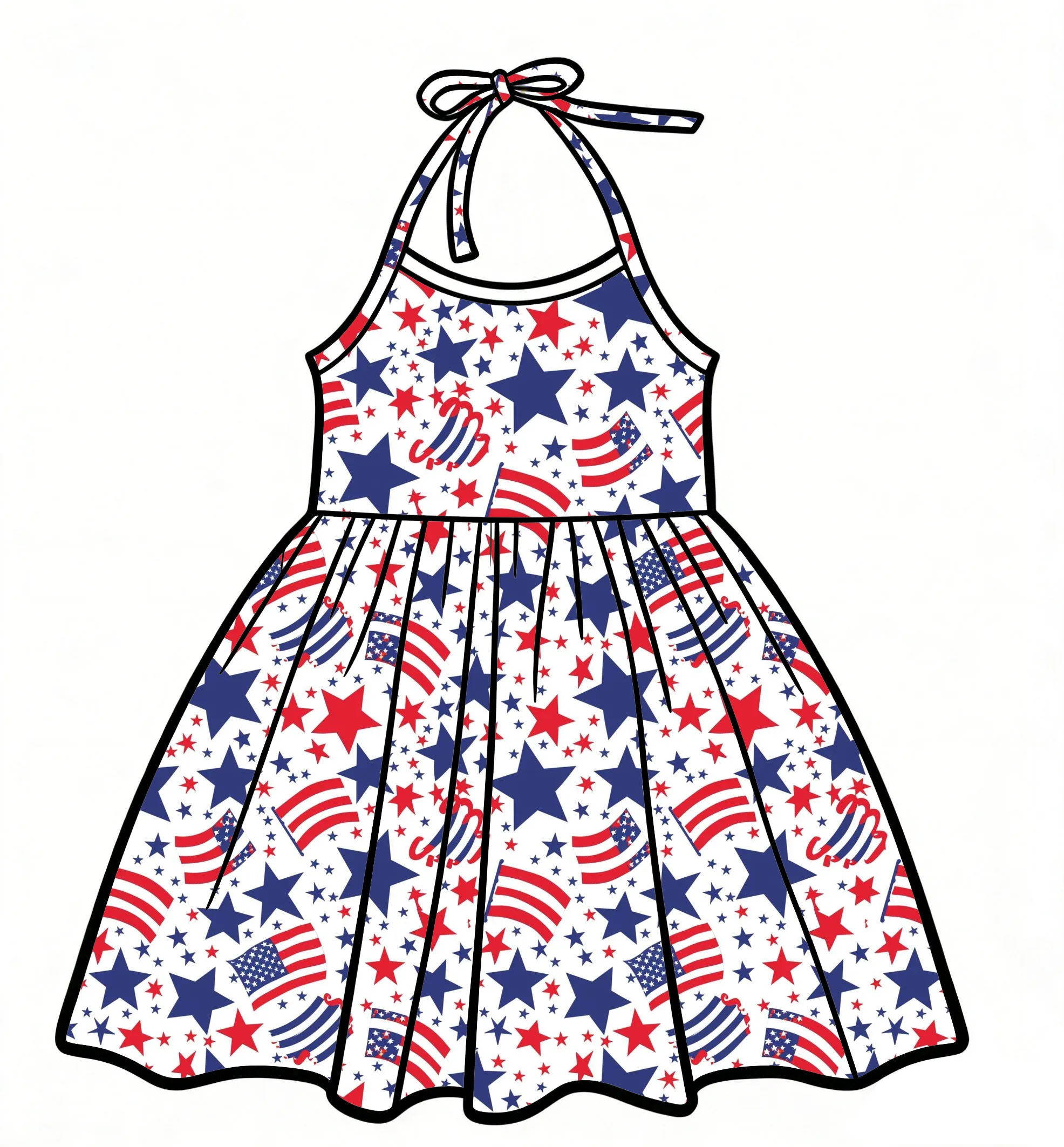 Boutique Girls dress Halter Dress featuring Ruffles Bow Accents and independence Day Print Casual Everyday Wear Baby