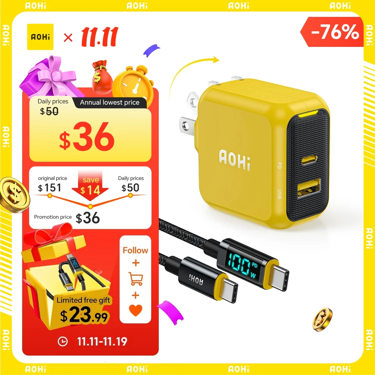

AOHI Magcube 67W Dual-Port Foldable GaN Charger with LED Cable (Yellow/Black)