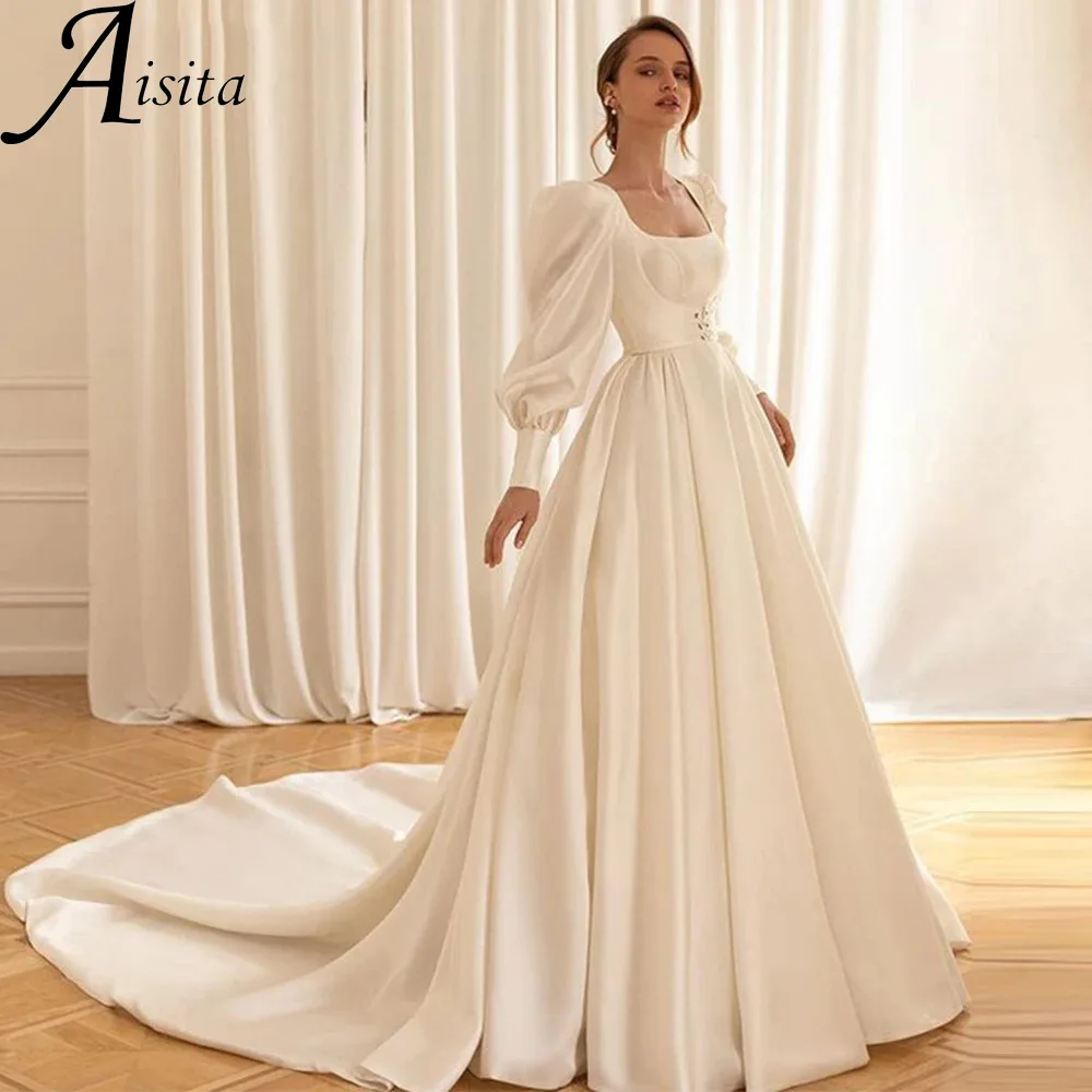 

Classical Square Neck Wedding Dress Detachable Long Puffy Sleeves A Line Bridal Gown Lace Up Back Court Train Vestidos De Novia