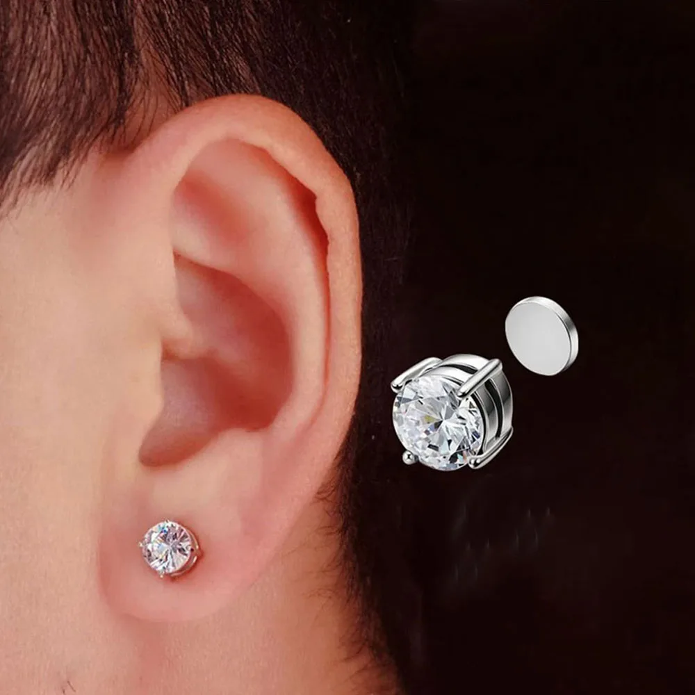 4Pcs Trendy Clip On Earrings For Women Girls Magnetic Earrings Men Non-Piercing Round CZ Inlaid Stainless Steel Stud Earrings