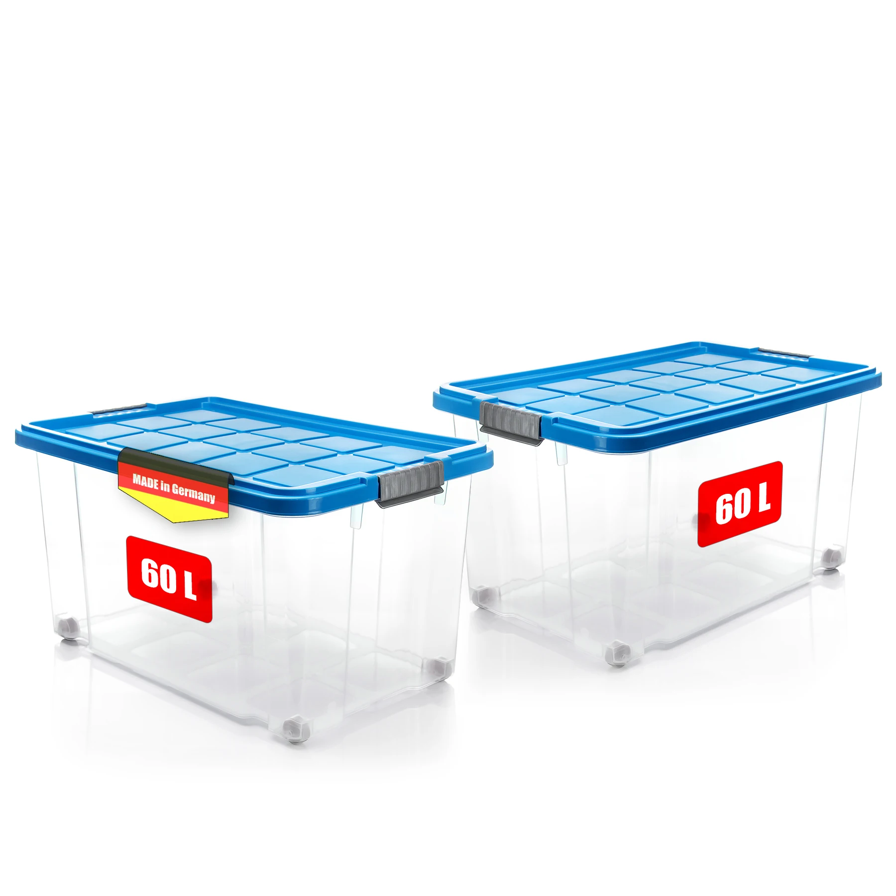 BigDean 2 Stück 60 L Aufbewahrungsbox mit Deckel groß azurblau - stapelbare robuste Box - rollbare Stapelbox mit festen Klickverschlüssen - Made in Germany