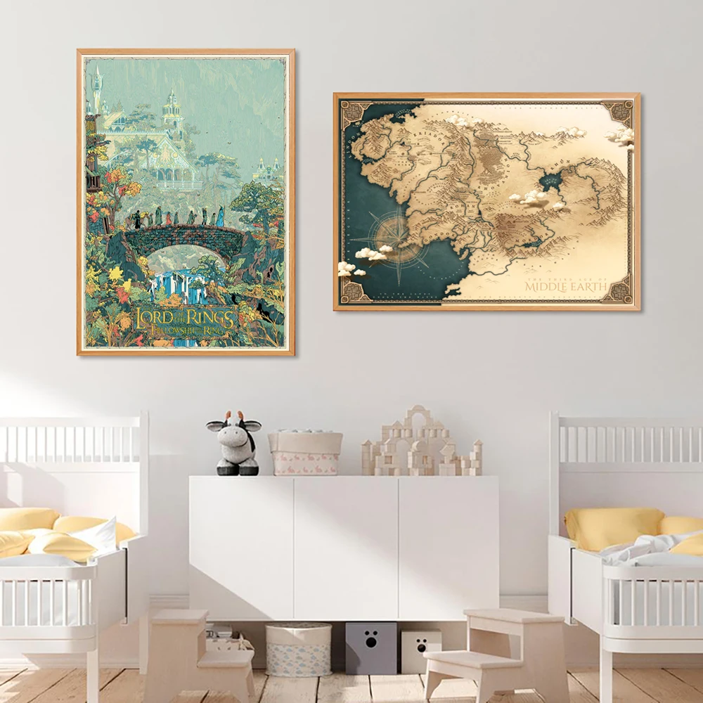 تولكين خريطة الأرض الوسطى الملصقات الظلام الخيال الفن يطبع خريطة البرية قماش اللوحة زمالة جدار صور الأولاد غرفة ديكور