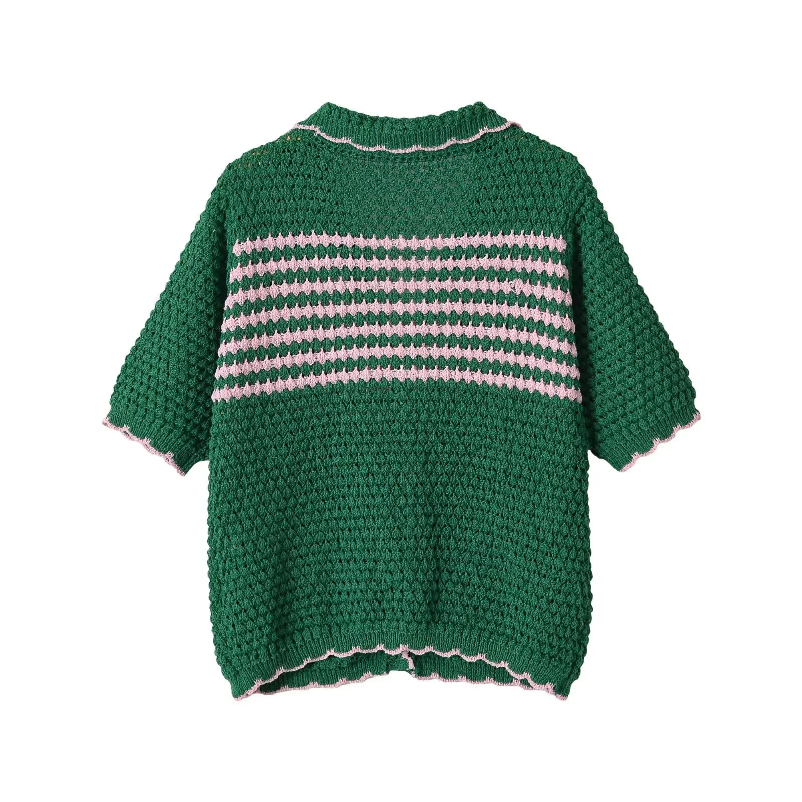 French Vintage Knitted Top Women Chic Stripped Sweaters Fashion Pocket Blouses Casual Short Sleeve Cardigan Coats Clothing