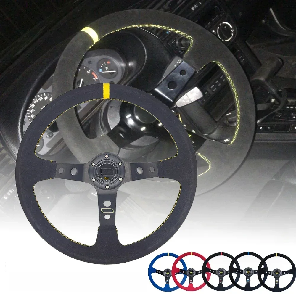 Universele Auto Accessoires 14 Inch 350Mm Suede/Pvc Auto Race Stuurwielen Diepe Corn Drifting Sport Stuur Met Logo - afbeelding 2