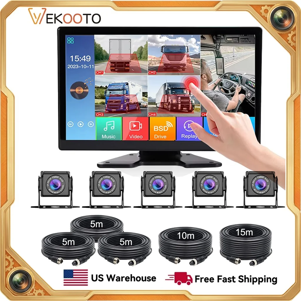 

5CH Truck Backup Camera System 10.1" Touch Screen Monitor DVR Recording BSD Human Detection Alert with 5Pcs AHD Waterproof Parking Assist Rear Side View Cameras for Semi Trailer RV Motorhome Bus