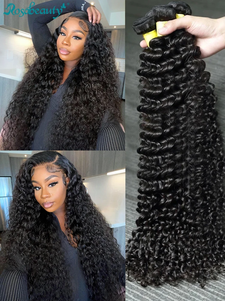 Rosabe- Bundles de cheveux humains Deep Wave, Extensions de cheveux bruts, Double trame, Brésilien Bouclé, Vente en gros, 3 Bundles, 4 Bundles, 30 ", 40", At