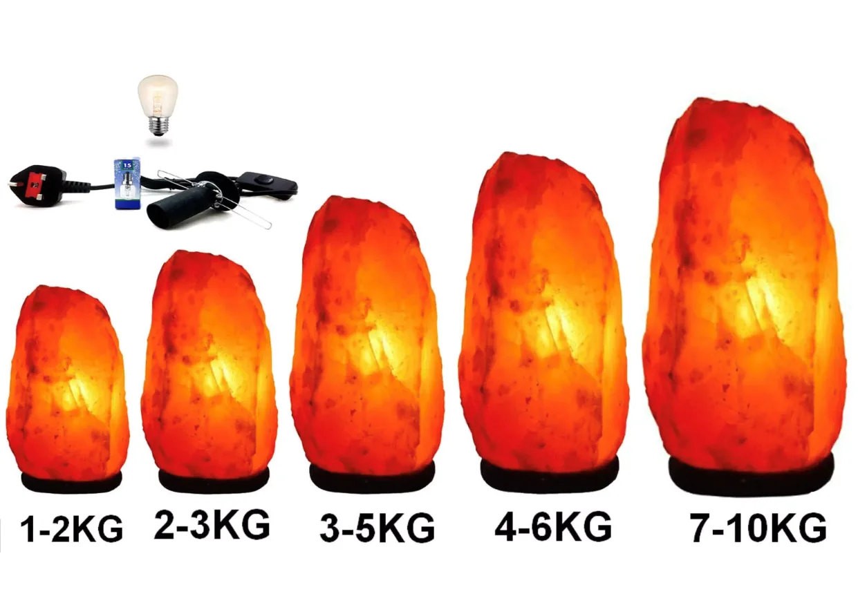 Himalayan salt lamp from 1,5 to 2, from 2 to 4, from 3 to 4 from 8 to 10 from 15 to 20 kilos several Pesos with wooden base, natural salt rock with approved Cable and bulb eliminates bad vibrations